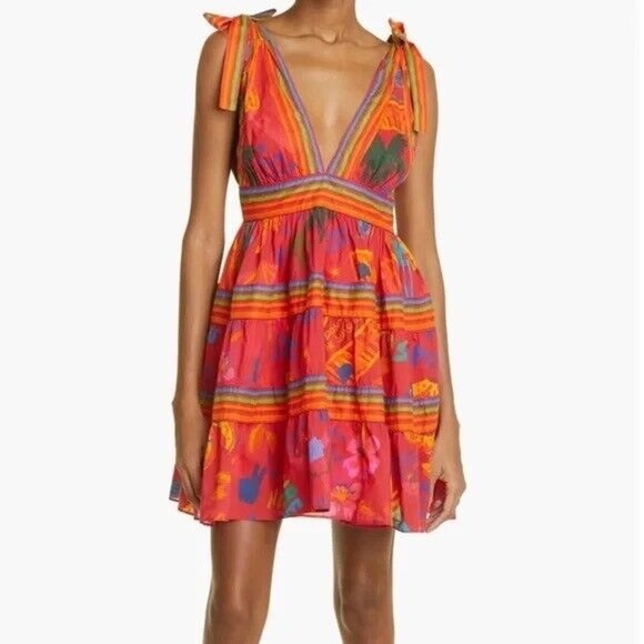 Farm Rio Dresses & Skirts - FARM RIO Good Vibes Cotton Mini Dress M Medium Tie Shoulder Top Tropic Red Flare